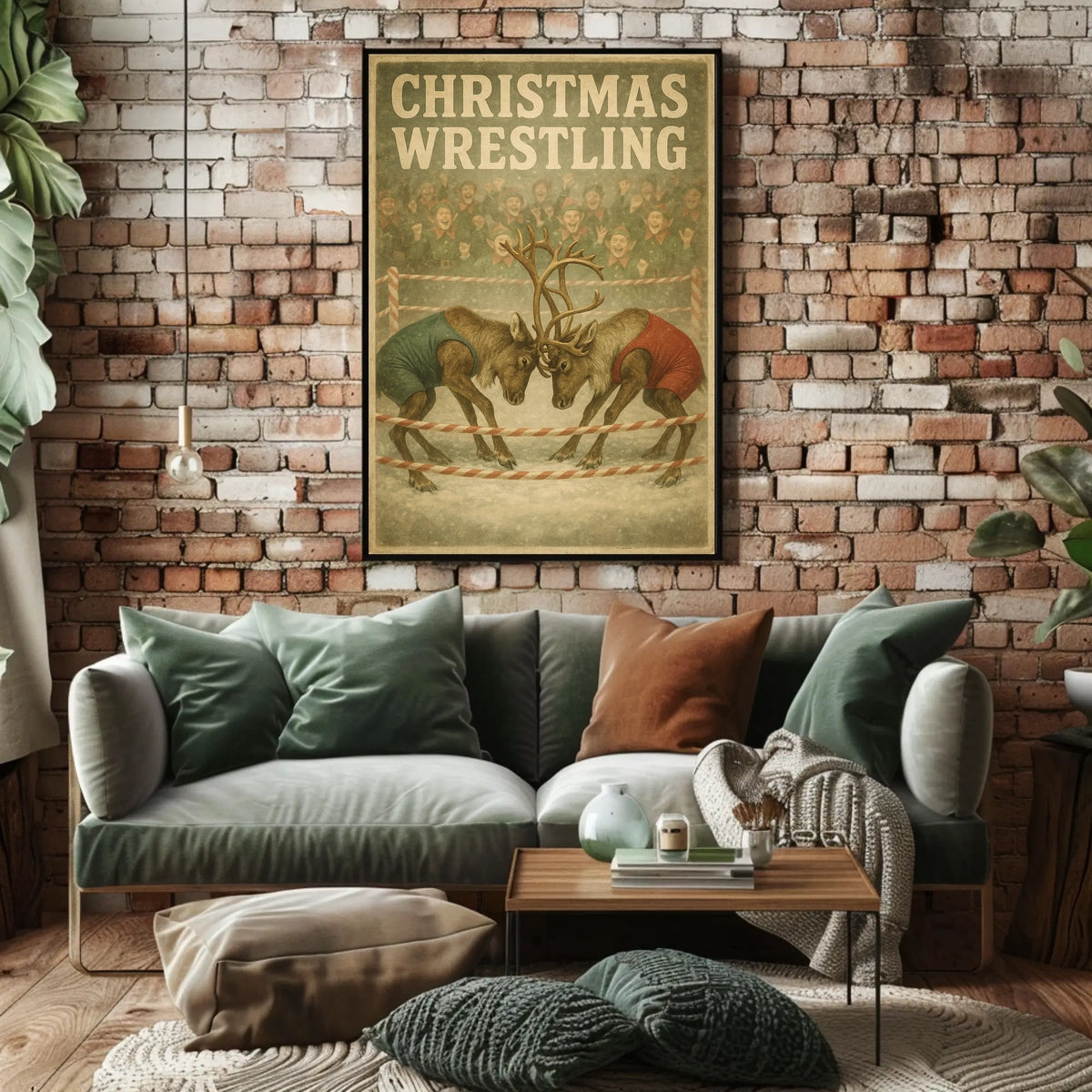 Christmas Wrestling Reindeer Vintage Holiday Poster Print