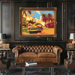 Vintage Car Tropical Cityscape Pop-Art Poster
