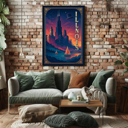 Chicago Cityscape Vintage Art Deco Travel Poster