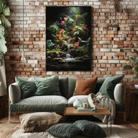 Tropical Paradise: Lush Botanical Poster Featuring Birds and Waterfall