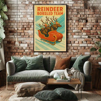 Whimsical Reindeer Sledding Vintage Sports Poster