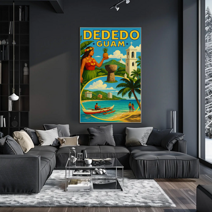 Dededo Guam Island Culture Mountains Canoe Travel Poster