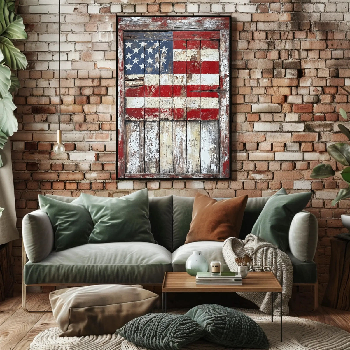 Rustic Wooden Barn Door With Faded American Flag Poster