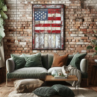 Rustic Wooden Barn Door With Faded American Flag Poster