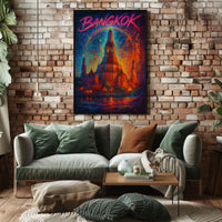 This vibrant poster art depicts an iconic temple in Bangkok, Thailand, likely the Travel Poster