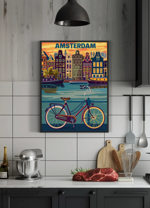 Amsterdam Holland Bicycle Canals Sunset Vintage Travel Poster