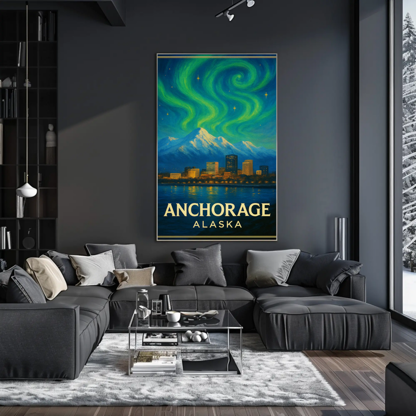 Anchorage Alaska Aurora Mountains Night Vintage Travel Poster