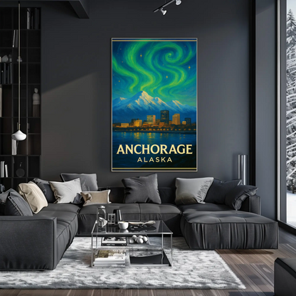 Anchorage Alaska Aurora Mountains Night Vintage Travel Poster