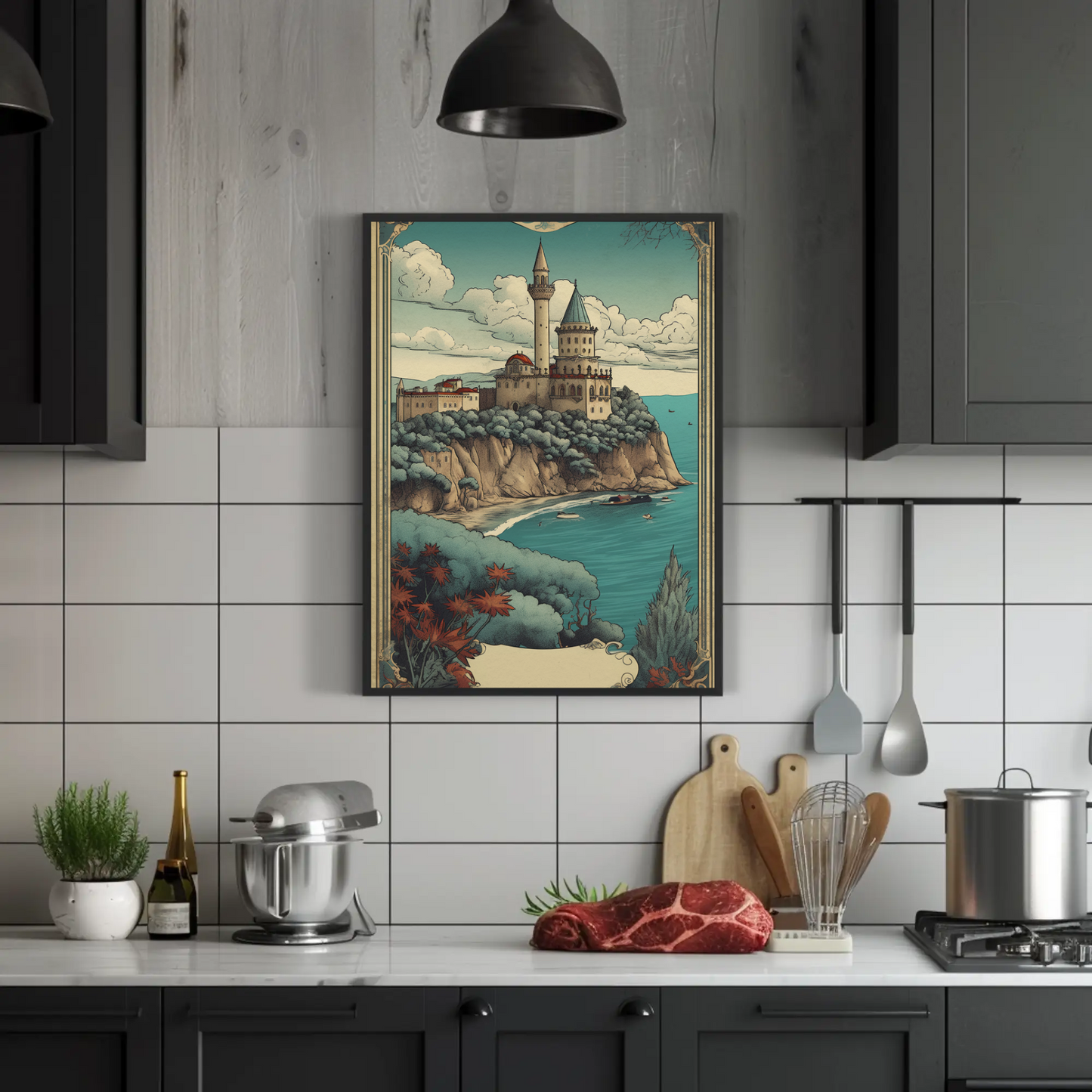 Cliffside Seaside Fortress Vintage Travel Poster