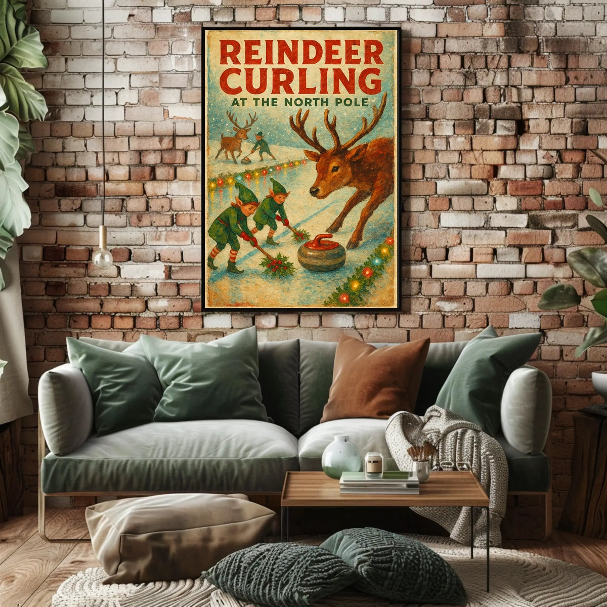 Reindeer Curling at the North Pole Poster