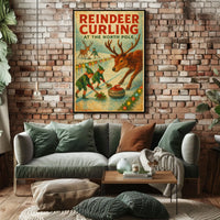 Reindeer Curling at the North Pole Poster