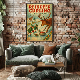 Reindeer Curling at the North Pole Poster