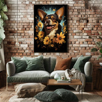 Joyful Dog with Flowers Nature Art Poster
