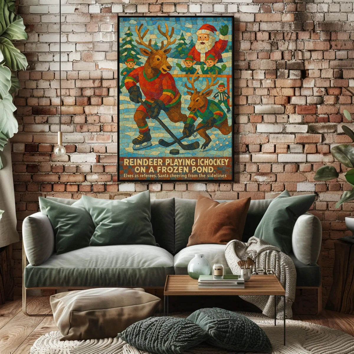 Whimsical Reindeer Ice Hockey Christmas Art Poster