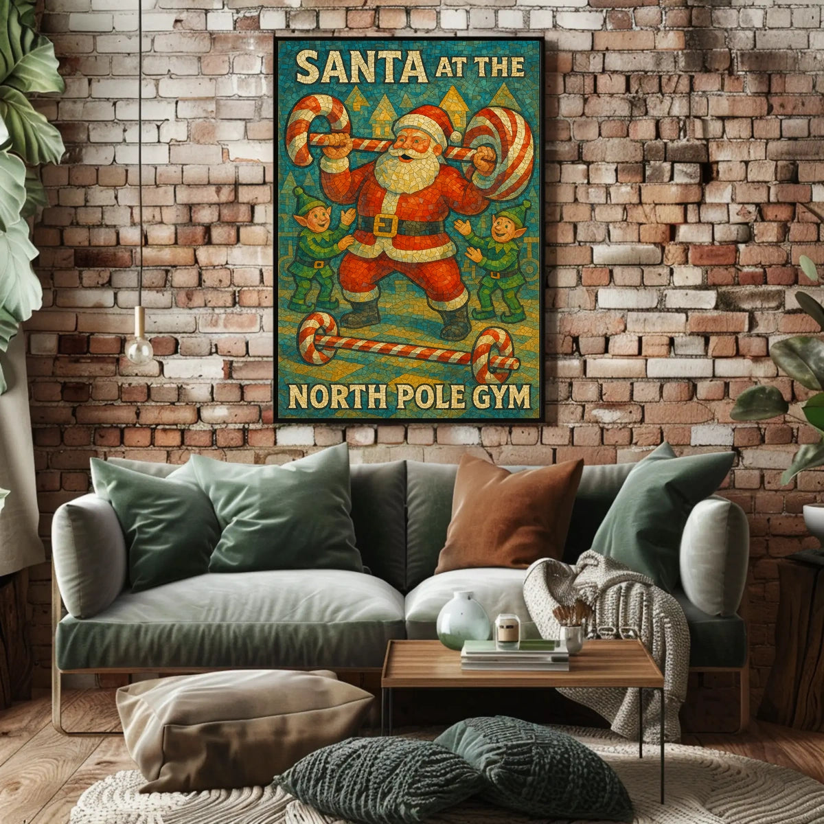 Santa Claus Lifting Candy Cane Barbell Poster