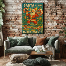 Santa Claus Lifting Candy Cane Barbell Poster