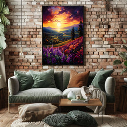 Vibrant Sunset Over Idyllic Countryside Landscape - Artistic Poster
