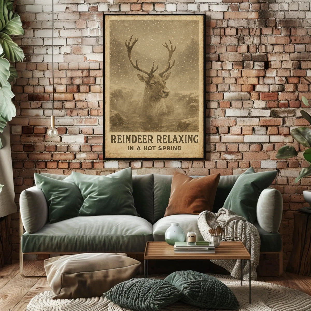 Reindeer Enjoying Hot Spring Vintage Animal Poster