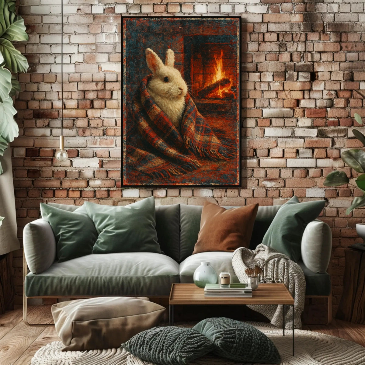 Cozy Rabbit by the Fireplace Poster
