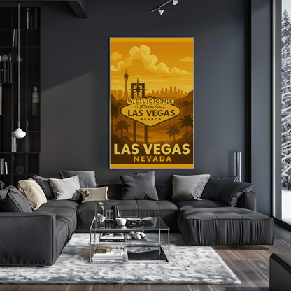 Golden Las Vegas Skyline Welcome Sign Retro Poster