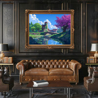 Serene Countryside Bridge and Cottage Art Poster