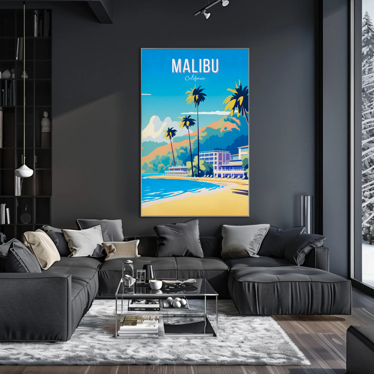Malibu California Palm Trees Beach Hotel Hills Travel Poster