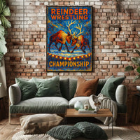 Reindeer Wrestling Championship Artistic Poster: Bold & Whimsical