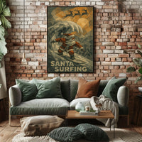 Santa Surfing Holiday Poster with Reindeer Silhouettes