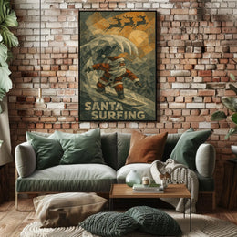 Santa Surfing Holiday Poster with Reindeer Silhouettes