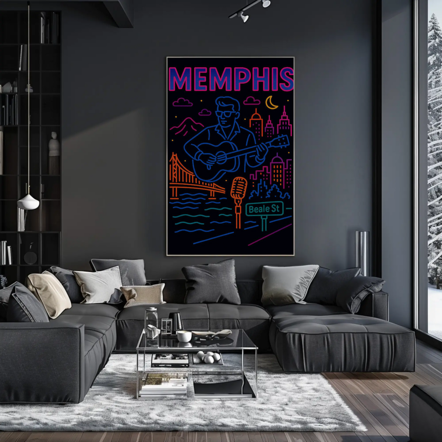 Memphis Beale Street Music Neon Line Art Poster