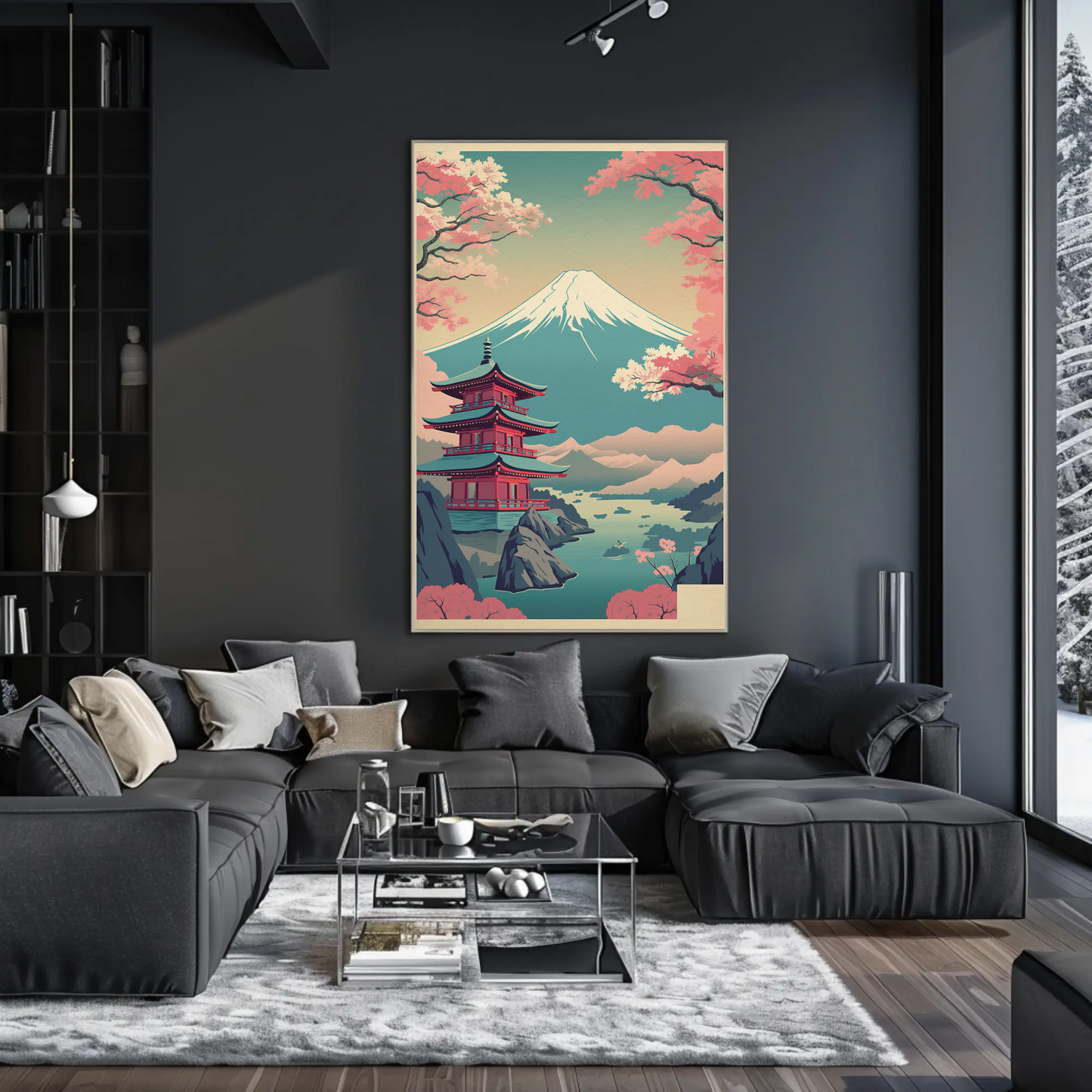 Japan Fuji Lake Pagoda Sakura Canoe Trees Travel Poster