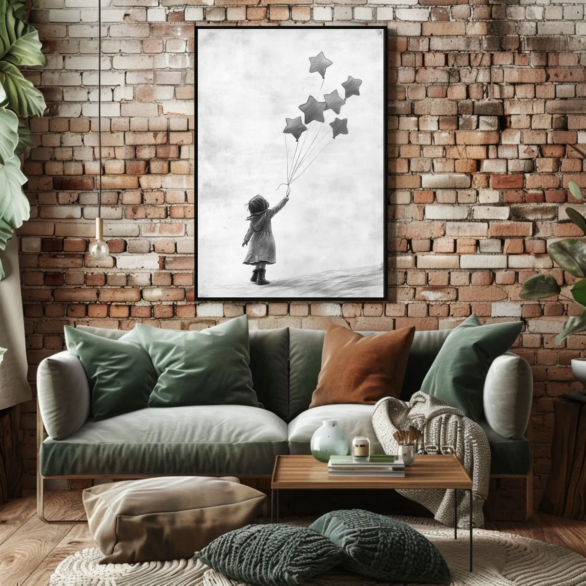 Child Releasing Star Balloons Minimalist Art Sketch Poster