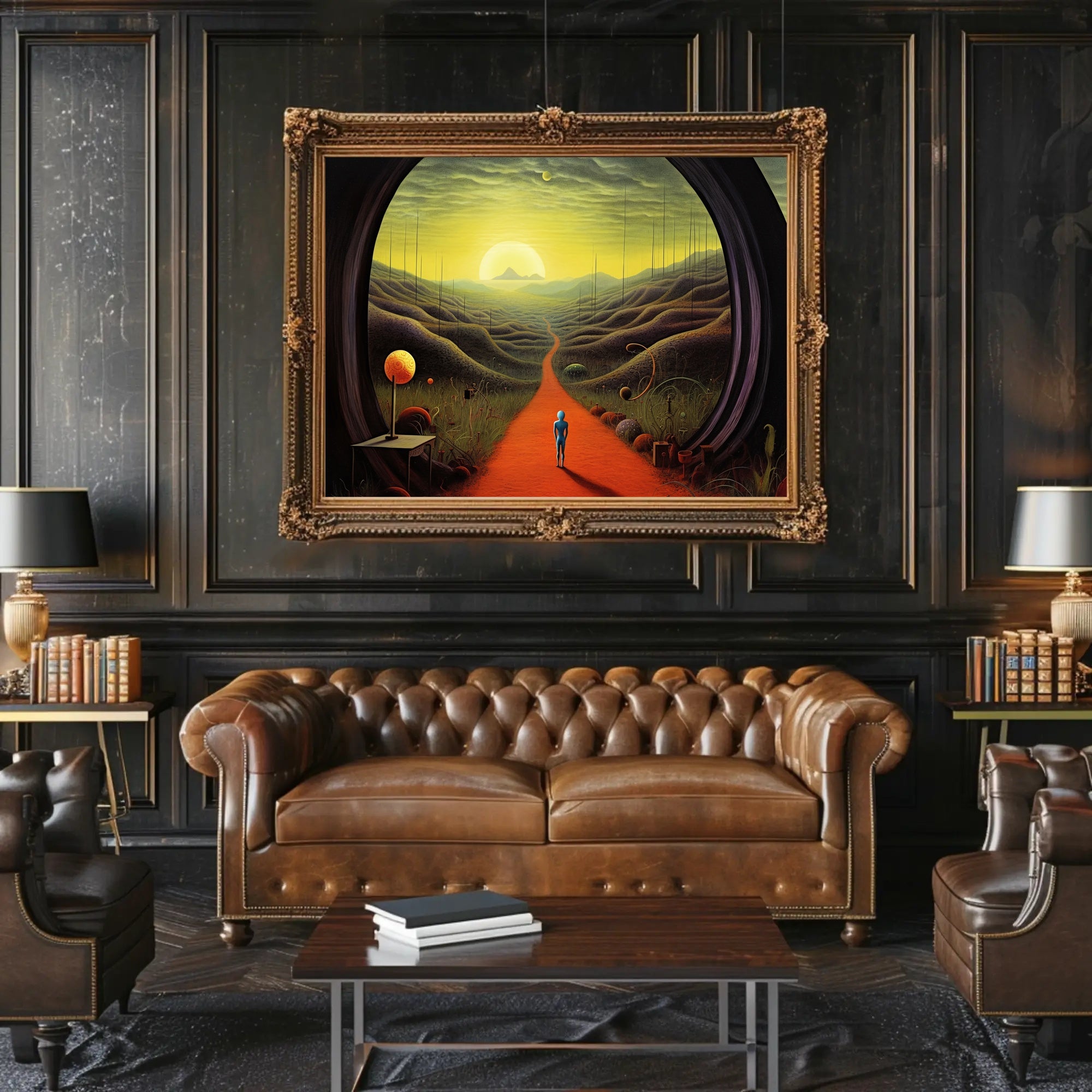 Surreal Explorer Landscape Portal: Futuristic Sci-Fi Poster