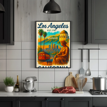 Los Angeles Hollywood Griffith Trolley Sunset Vintage Travel Poster