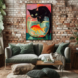 Curious Cat And Goldfish Poster Colorful Art Print