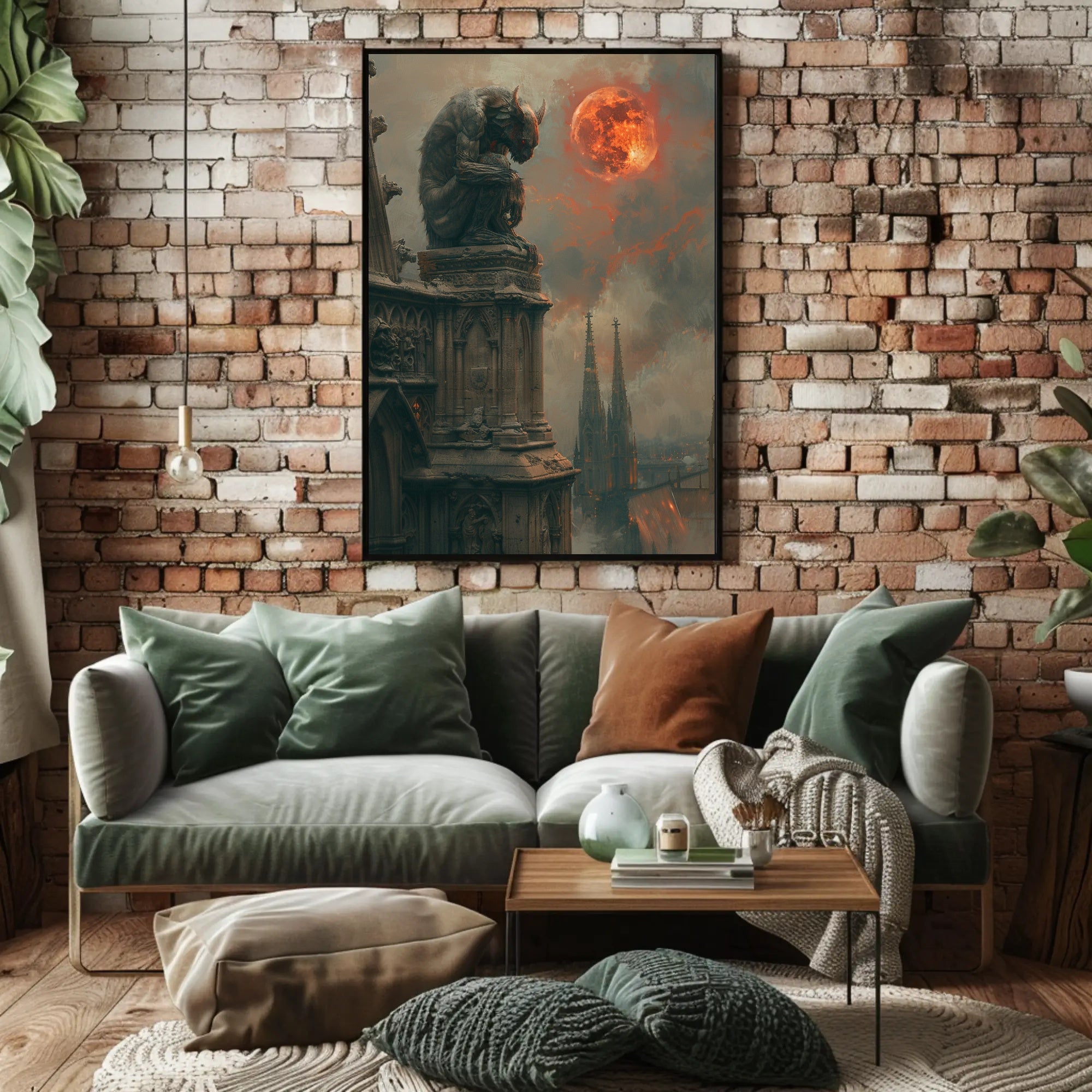 Gothic Gargoyle Under a Fiery Moon Fantasy Poster PosterGoat