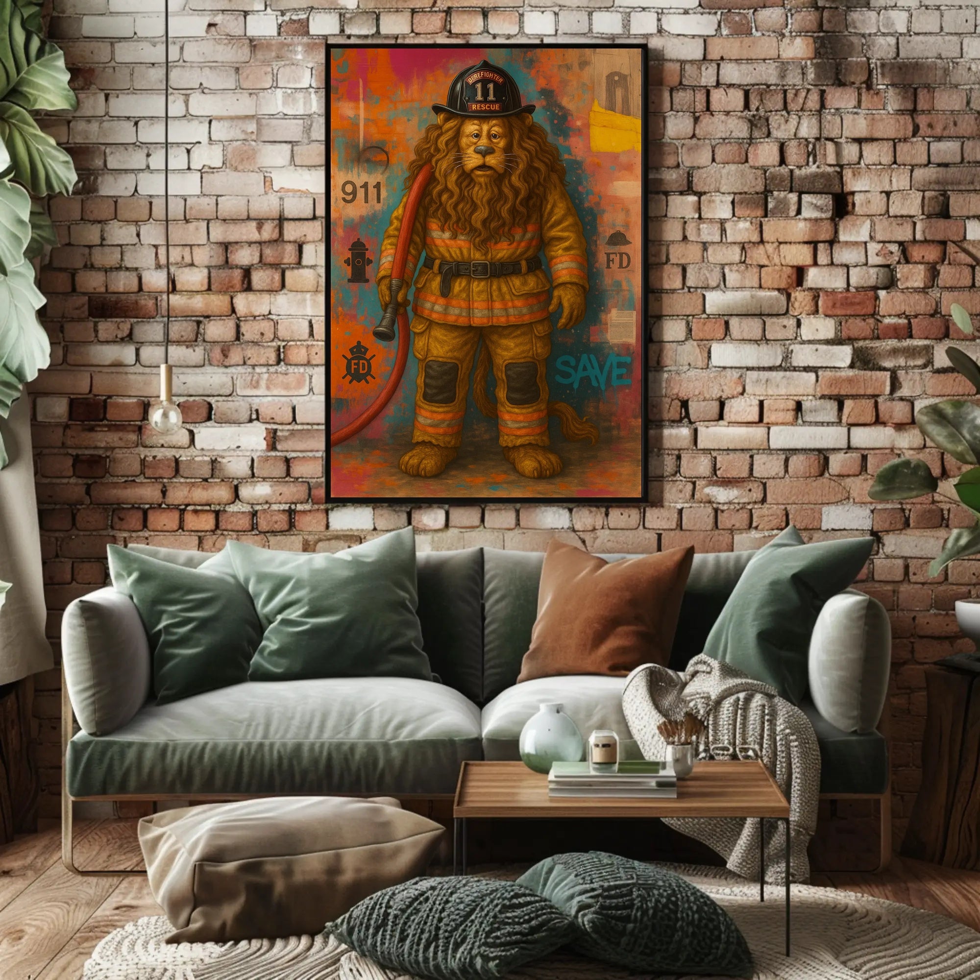Firefighter Lion Artwork for Dramatic Animal Poster