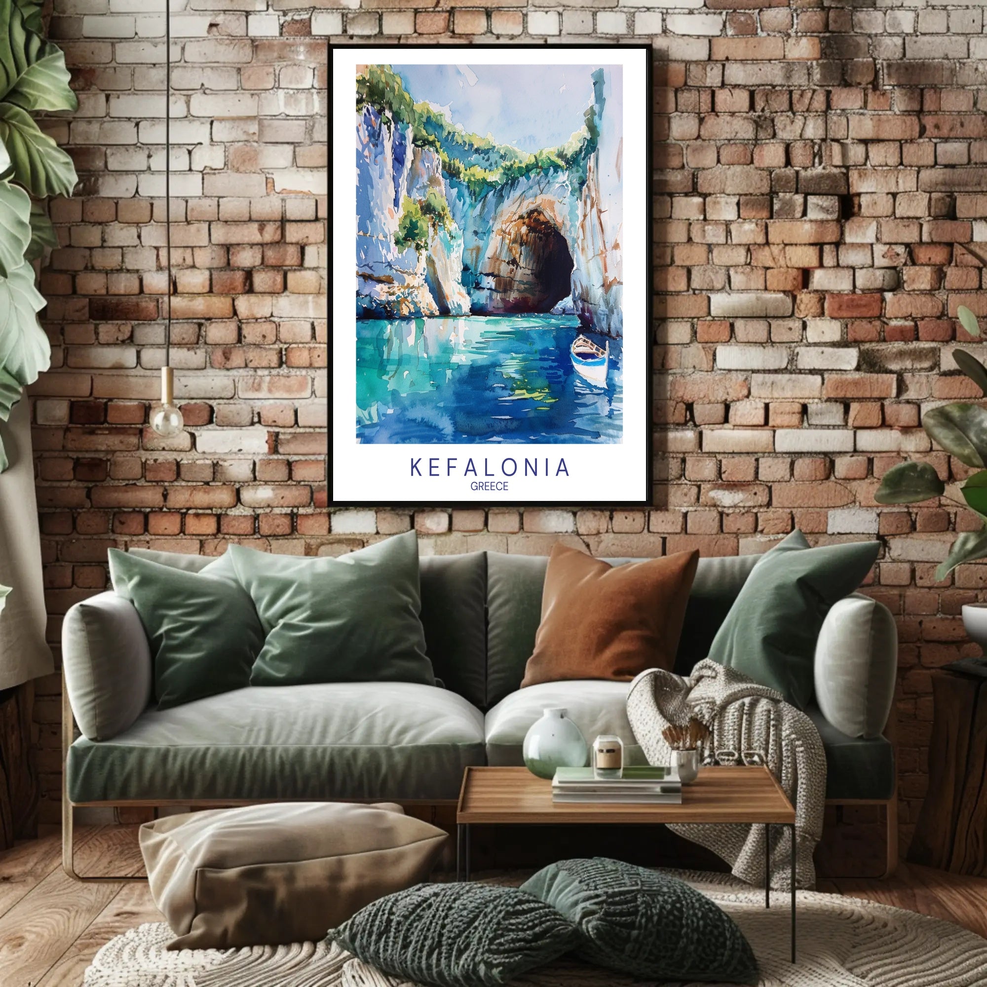 Vibrant Kefalonia Coastal Scene Watercolor - Travel Poster PosterGoat