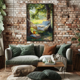 Relaxing Outdoor Hammock Between Trees With Books Poster