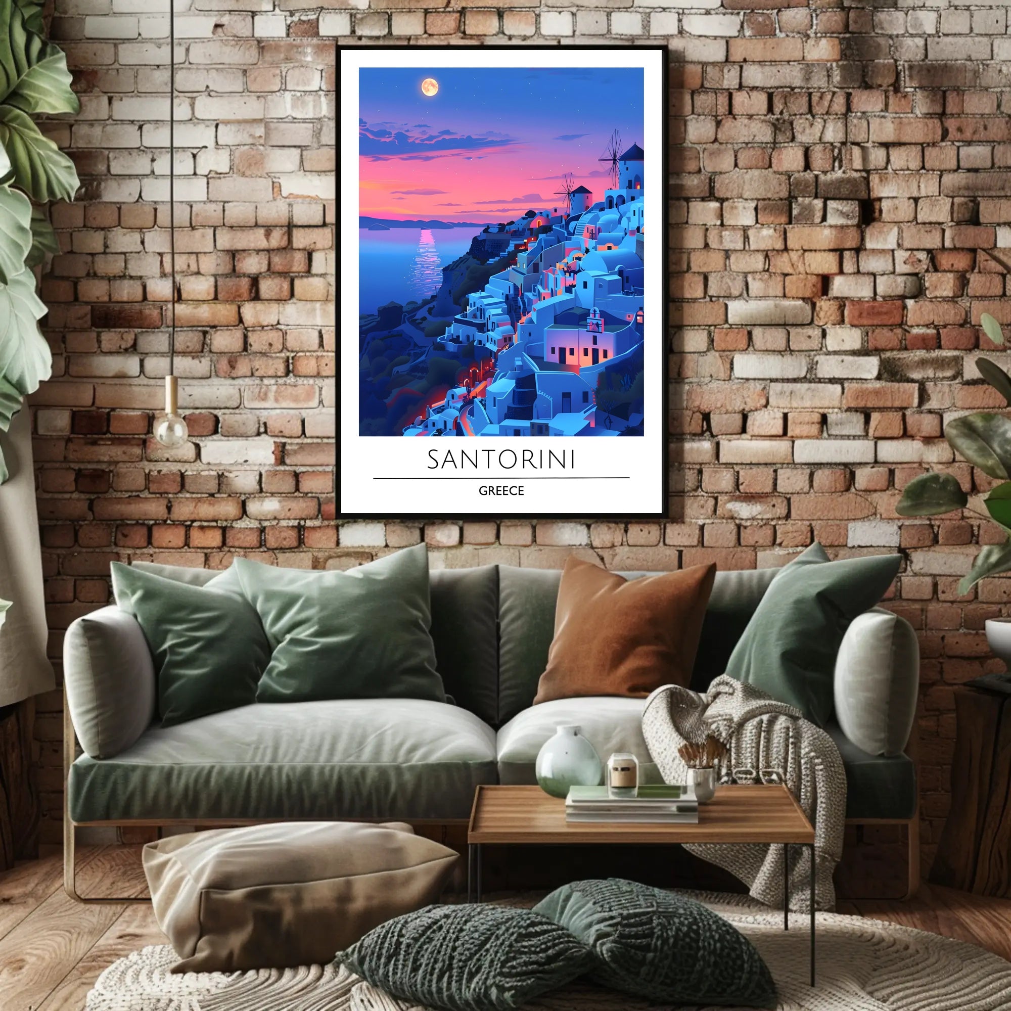 Santorini Sunset Travel Scene: Beautiful Mediterranean Landscape Poster