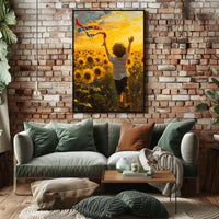 Child Running Through Sunflower Field At Golden Hour Poster