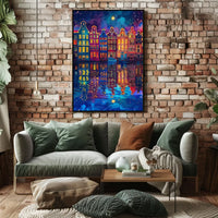 Colorful Dutch Canal Houses Under Starry Night Sky