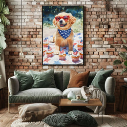 Golden Retriever Puppy Wearing Red Sunglasses Poster