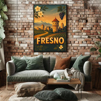 Fresno Vintage Travel Art Poster with Sunset Scenery