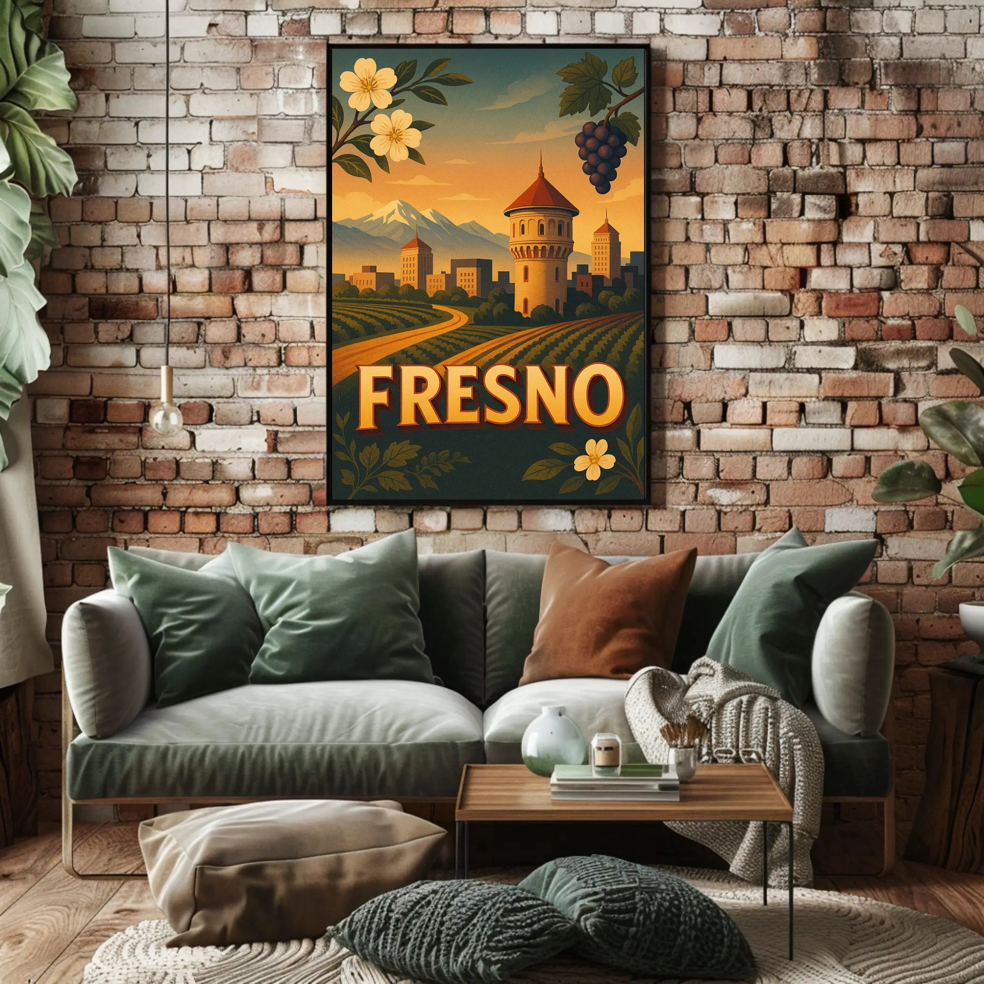 Fresno Vintage Travel Art Poster with Sunset Scenery