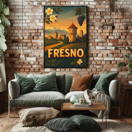 Fresno Vintage Travel Art Poster with Sunset Scenery