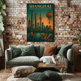 Shanghai Skyline Fusion: Vintage Urban or Cityscape Poster
