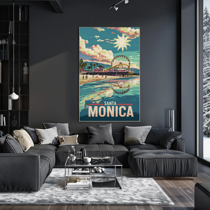 Santa Monica Reflection Ferris Wheel Beachfront Sunset Travel Poster