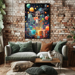 Futuristic Space Adventure Art Poster: Whimsical Sci-Fi Design