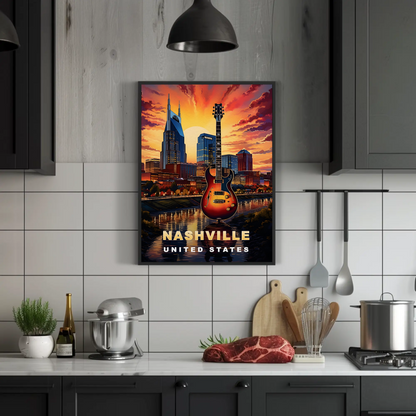 Nashville Tennessee Guitar Sunset Skyline Vintage Travel Poster